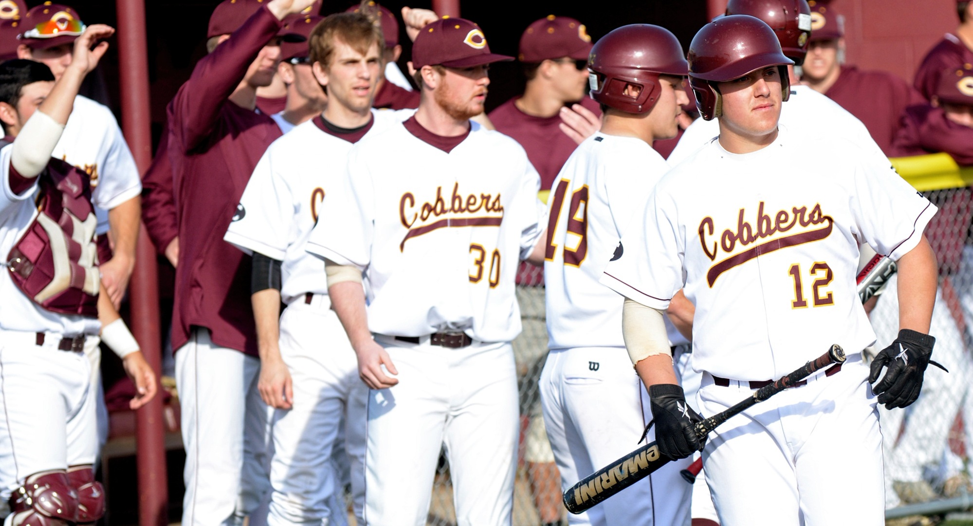 Nate Leintz (#12) had one of the Cobbers' five extra base hits in the team's 8-7 non-conference win at Minn.-Morris.
