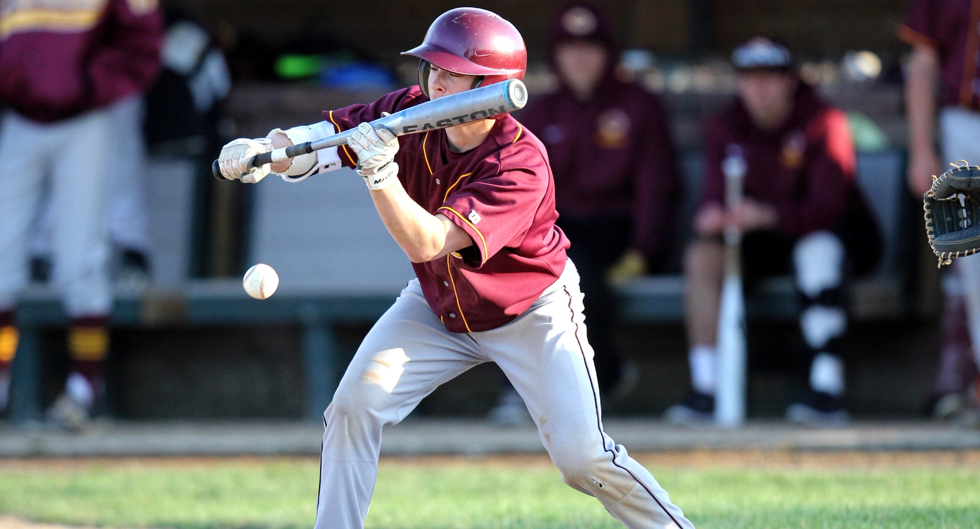 Sophomore Grant Toivonen lays down a bunt in the Cobbers' sweep at St. Olaf. Toivonen went 3-for-6 with two RBI and two runs scored on the day. (Photo courtesy of Rose Marie Peterson - St. Olaf Sports Info Dept.)
