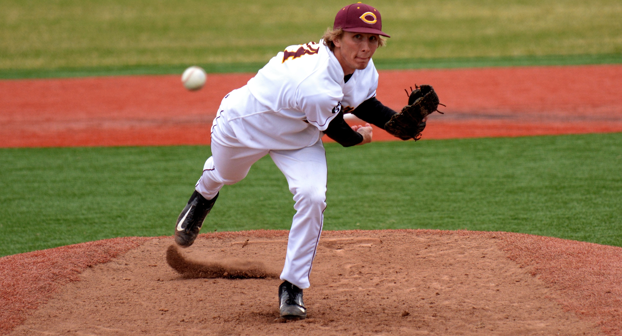Freshman Austin Ver Steeg delivers a pitch in the first game of the Cobbers' DH vs. Carleton. He went the full 7.0 innings and didn't allow an earned run.