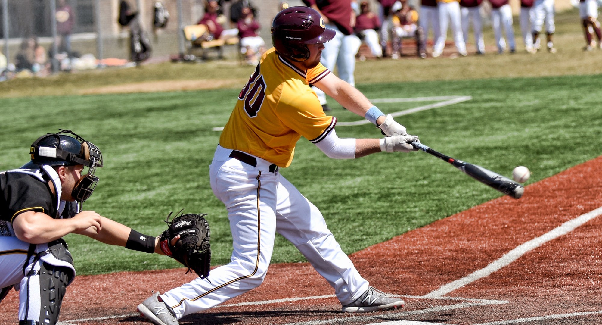 Jake Stilwell connects for a single during Game 1 to extend his hitting streak to five games.