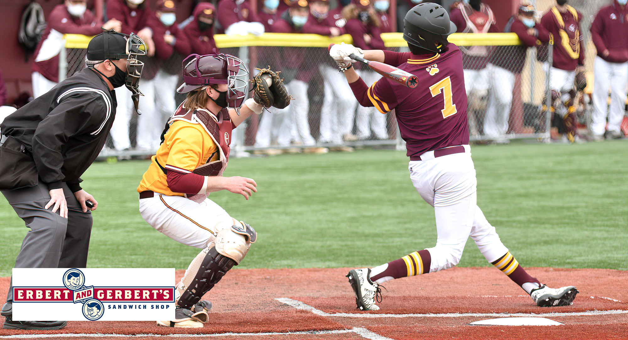 Senior catcher Jack Naugle catches the third strike on the second out of the ninth inning in the Cobbers' 8-1 win over Minn.-Morris.