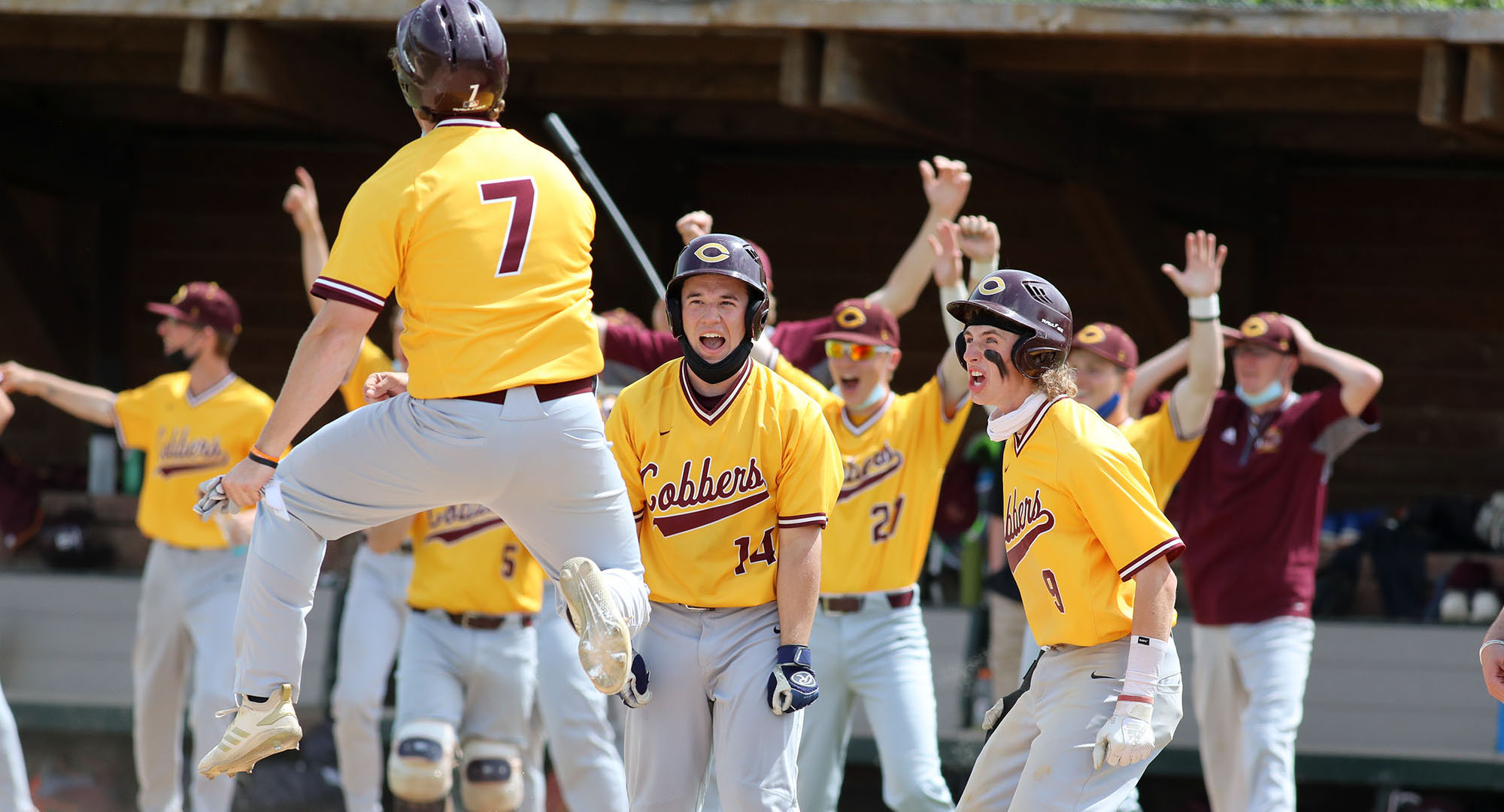 Sean McGuire (#7) jumps in the air after scoring in the eighth inning. Justin Kloster (#14) and Thomas Horan (#9) join in the celebration. (Photo courtesy of Caleb Williams, D3photography.com)