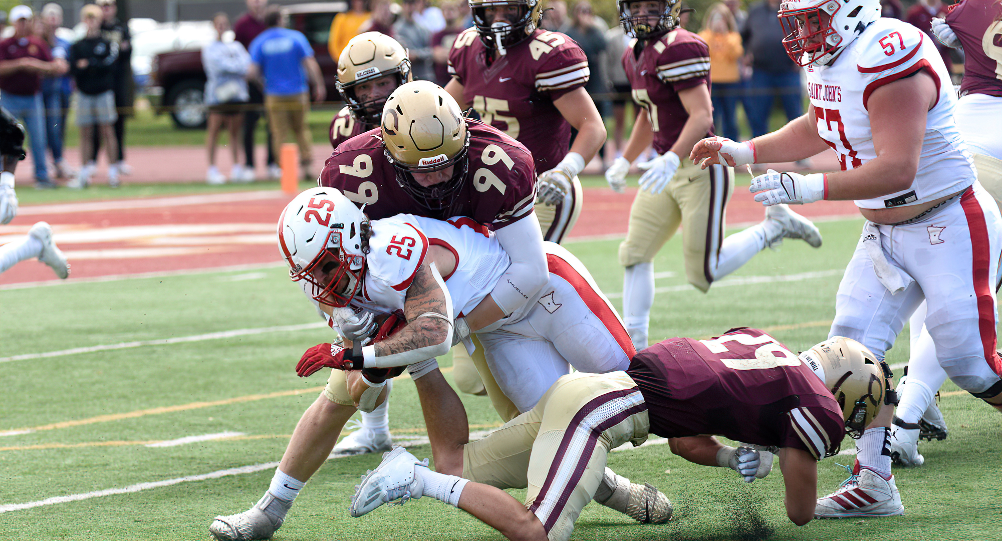 Collin Thompson (#99) was one of five Cobbers credited with a sack in the team's game at #6 St. John's.