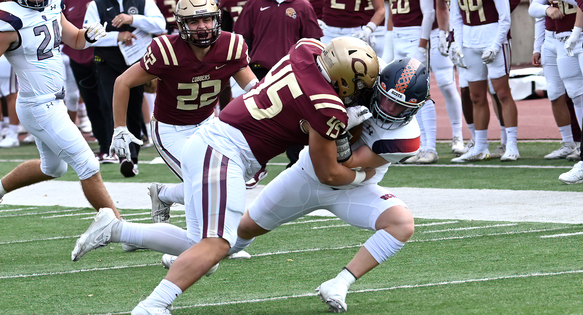 Senior linebacker PJ Parmelee ha a team-high 13 tackles in the Cobbers' game at Bethel.