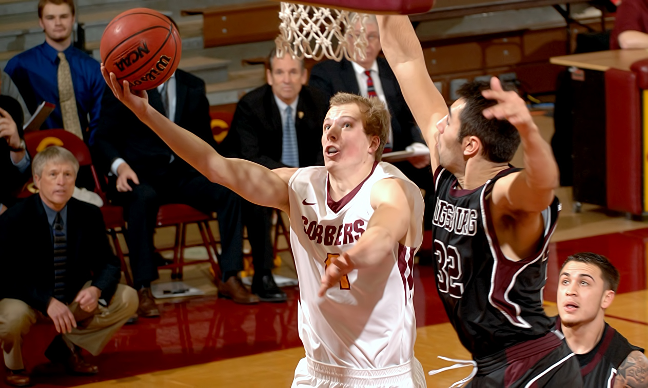 Senior Tom Fraase lays in two of his 14 points in the Cobbers' 73-70 win over Augsburg.