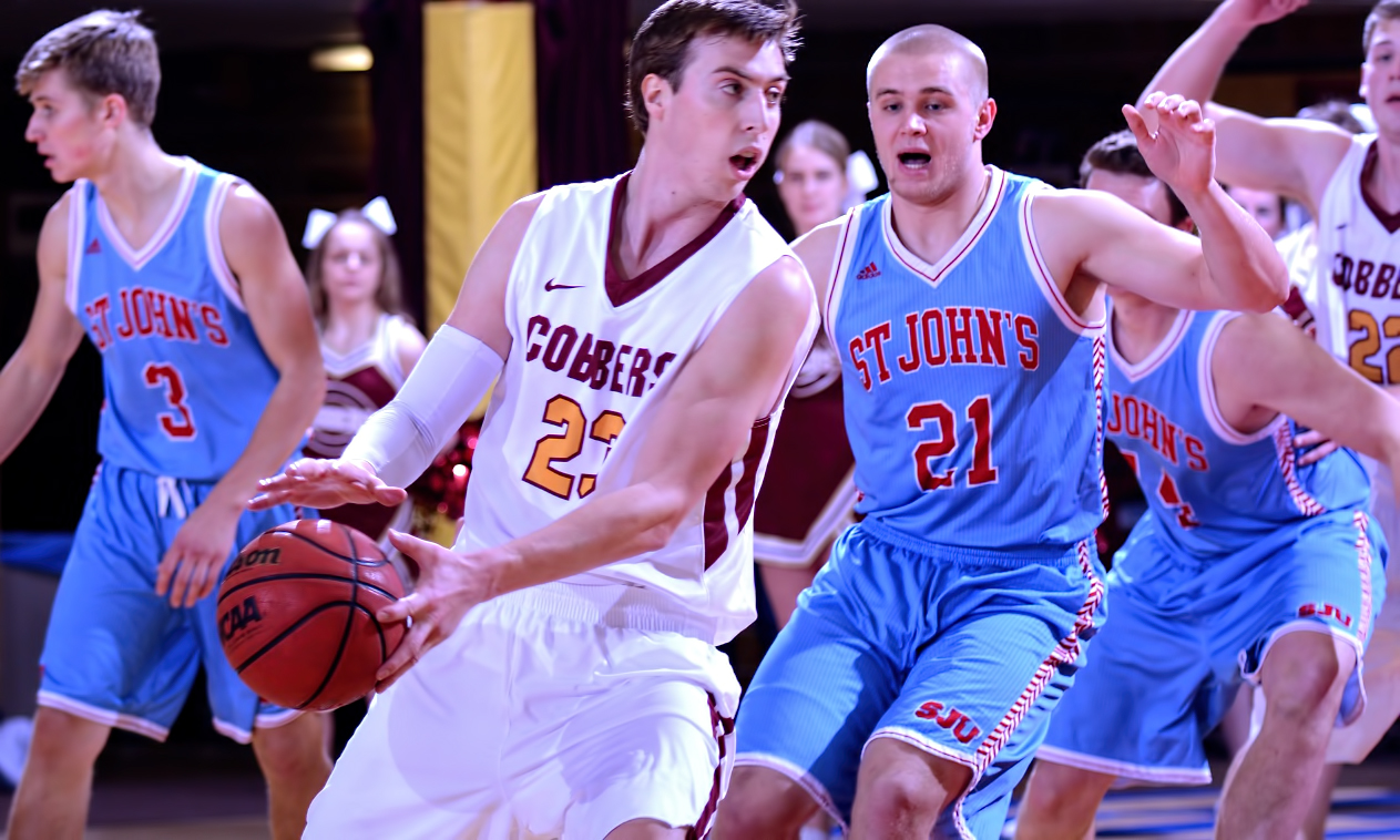 Senior Jordan Bolger scored 22 points and grabbed 16 rebounds to post his eighth double-double of the season in the Cobbers' loss at St. John's.