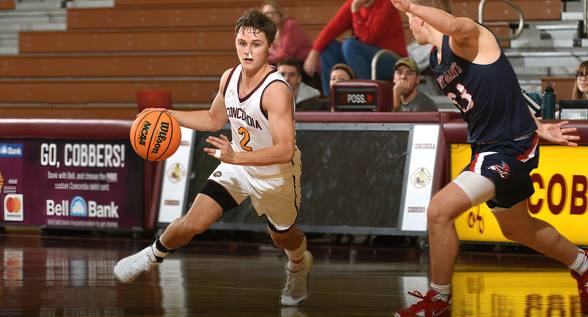 Jackson Jangula drives to the basket in the second half during the Cobbers' win over St. Mary's. He made several key defensive plays during game.