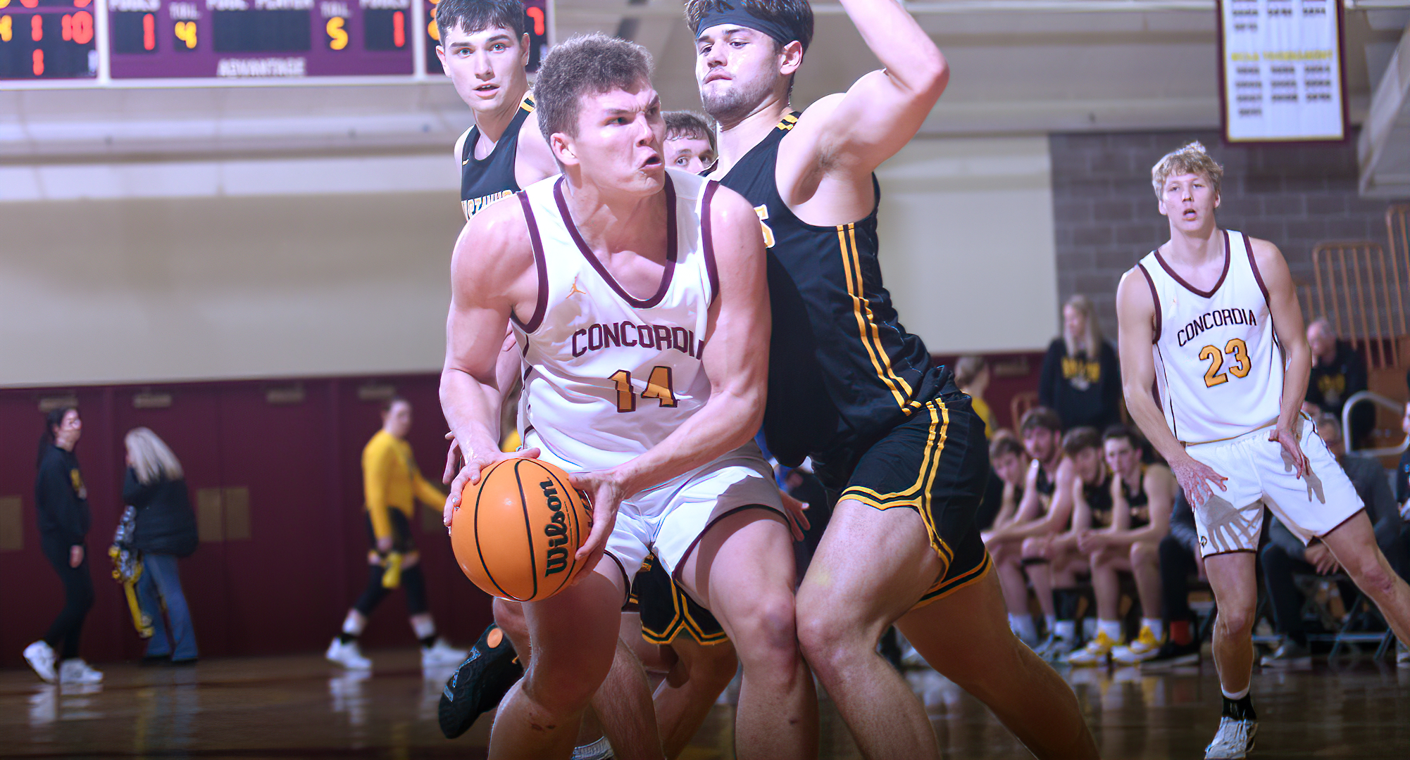 Rowan Nelson scored 11 of his team-high 18 points in the second half in the Cobbers' game against UW-Platteville. He also added a team-high four boards.