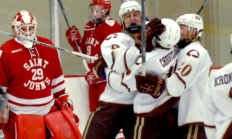 Freshman Jon Grebosky celebrates the first of his two goals during the Cobbers' 3-2 win over #14 St. John's.