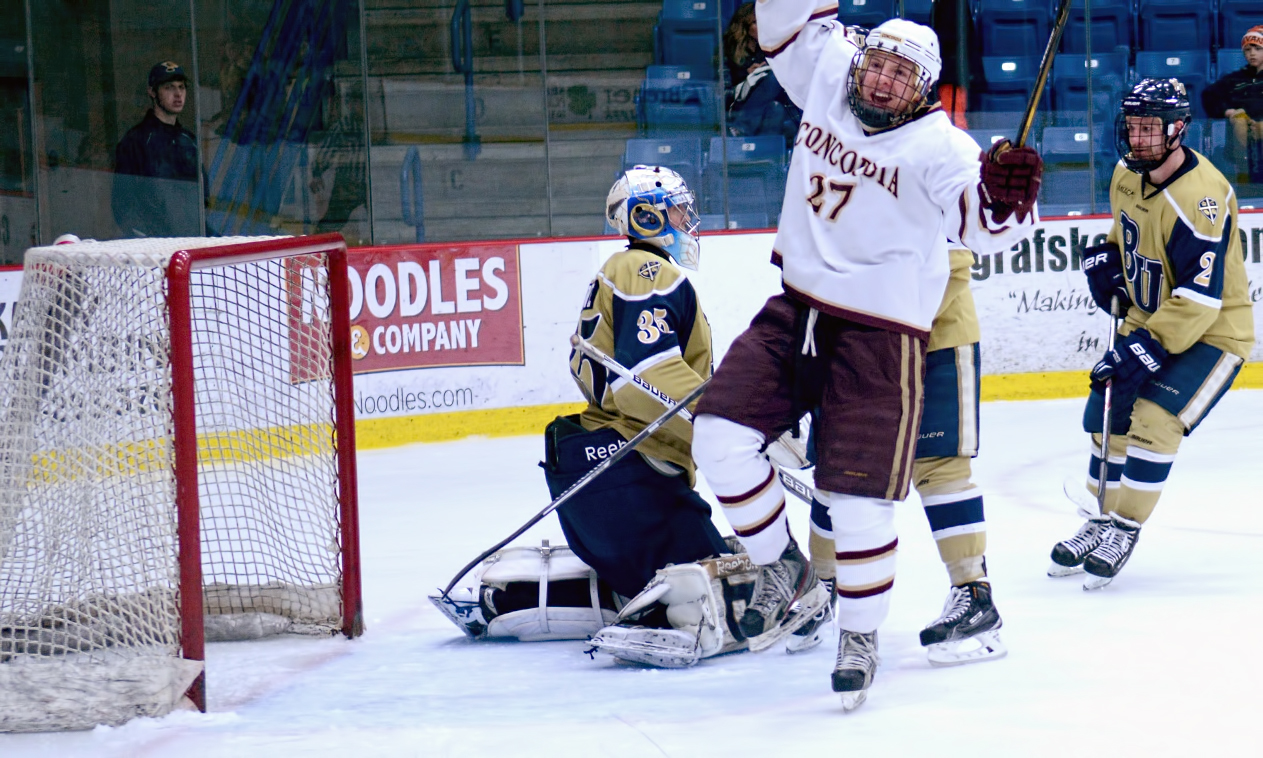 Junior Jordie Bancroft celebrates the Cobbers' lone goal in their regular-season finale loss to Bethel. Bancroft had the assist on the tally and has now put up four straight 20-point seasons.