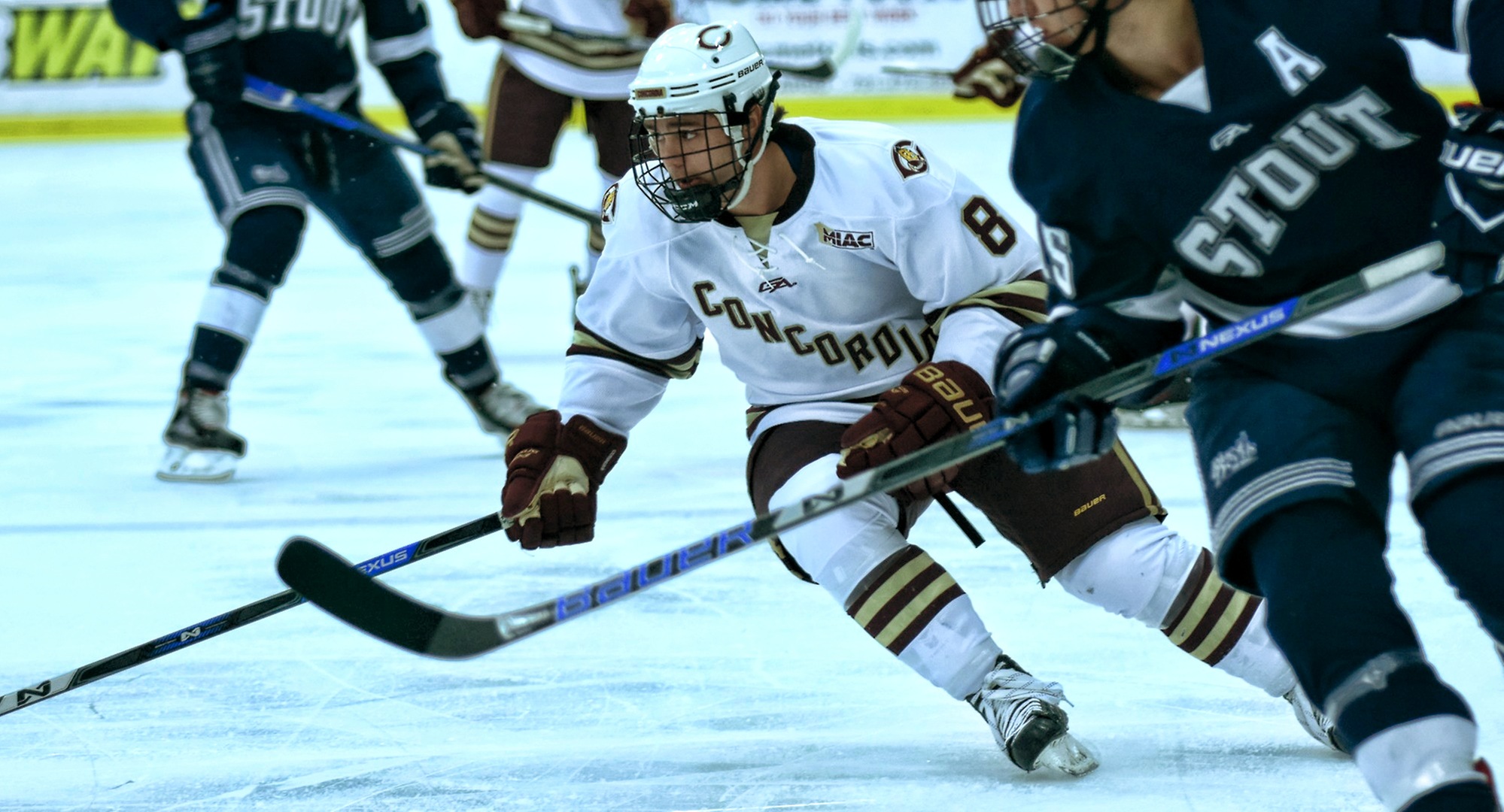 Junior Aaron Herdt crosses the blue line in the Cobbers' game with Wis.-Stout. He scored both of the goals for CC.