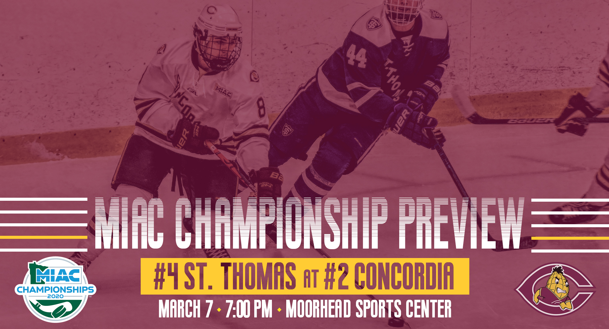 Concordia will host the MIAC Championship Game for the first time since 1987 when they play St. Thomas on Saturday, Mar. 7 at 7:00.