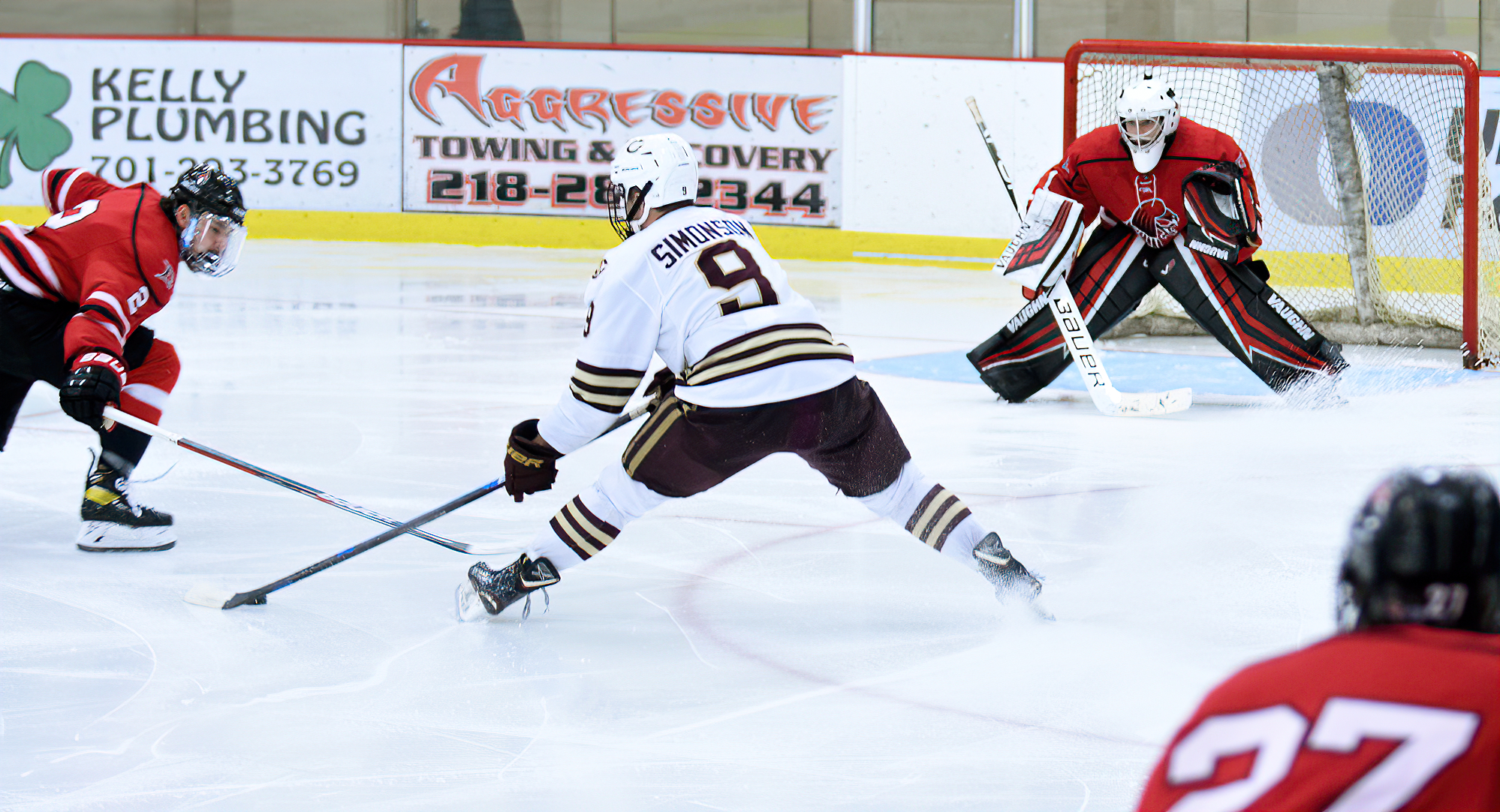 Senior Parker Simonson gets ready to take a shot on goal. He scored a goal in the first period in the Cobbers' series finale with UW-River Falls.