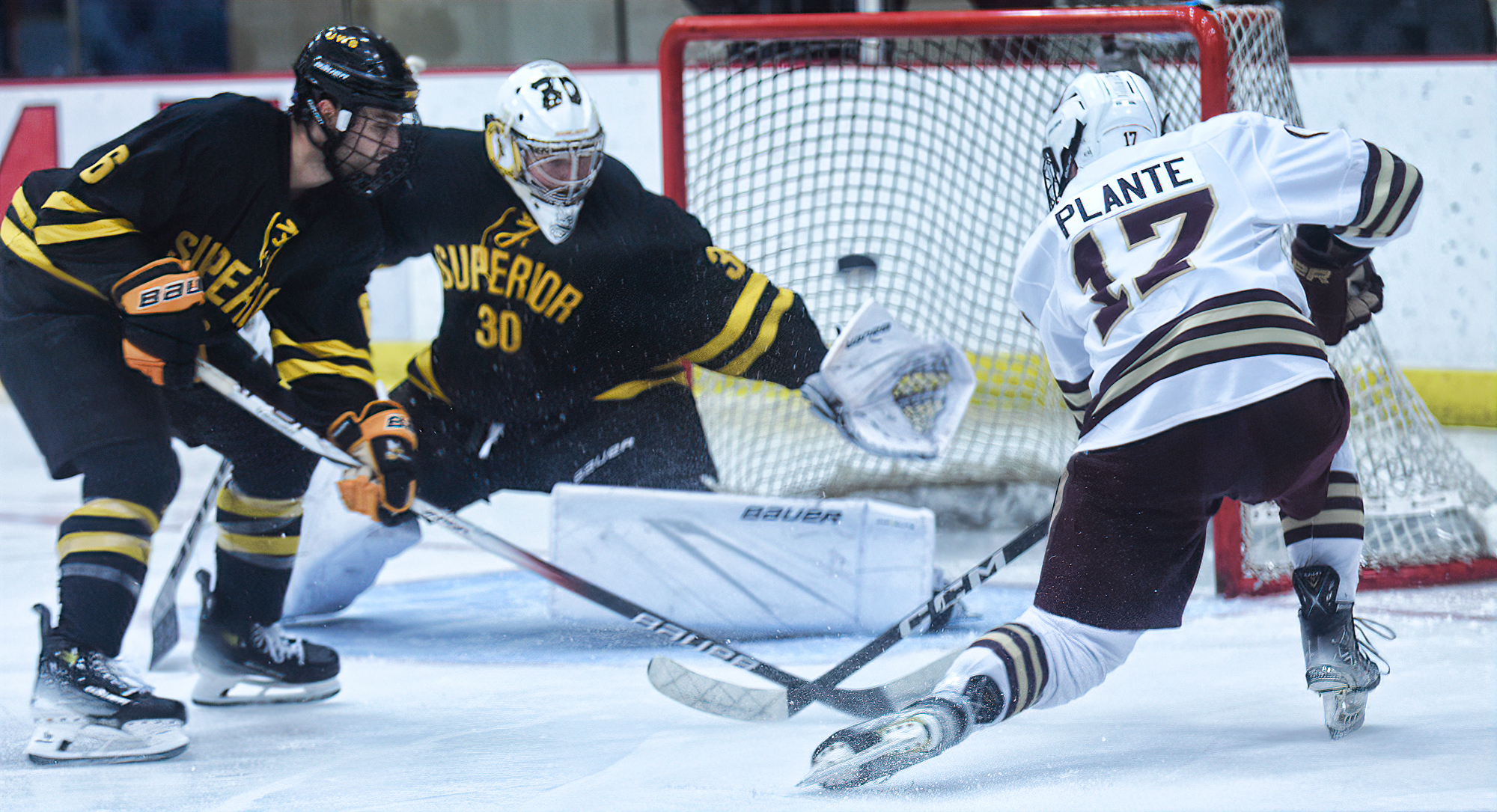 Mason Plante has his second-period stopped in the Cobbers' 4-0 win over UW-Superior. He went on to score CC's fourth goal of the game.