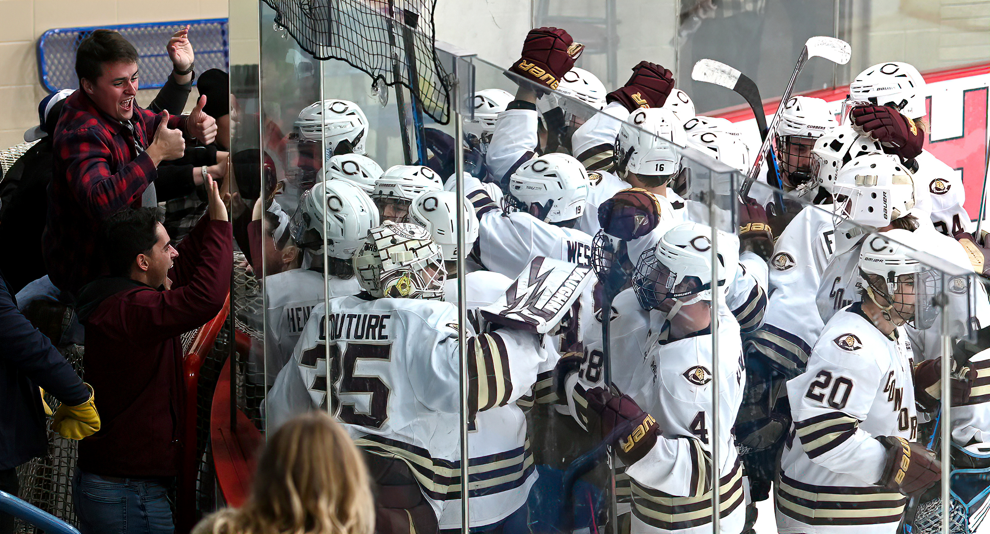 The Cobbers and their fans celebrate Cole O'Connell's game-winning goal in overtime in Concordia's MIAC opener against St. John's.