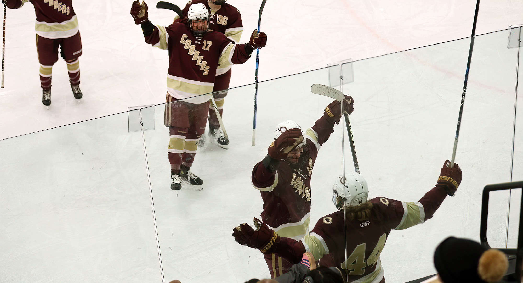 The Cobbers celebrate one of their three power play goals in the team's 5-4 win at St. Olaf. (Photo courtesy of Kaj Doerring)