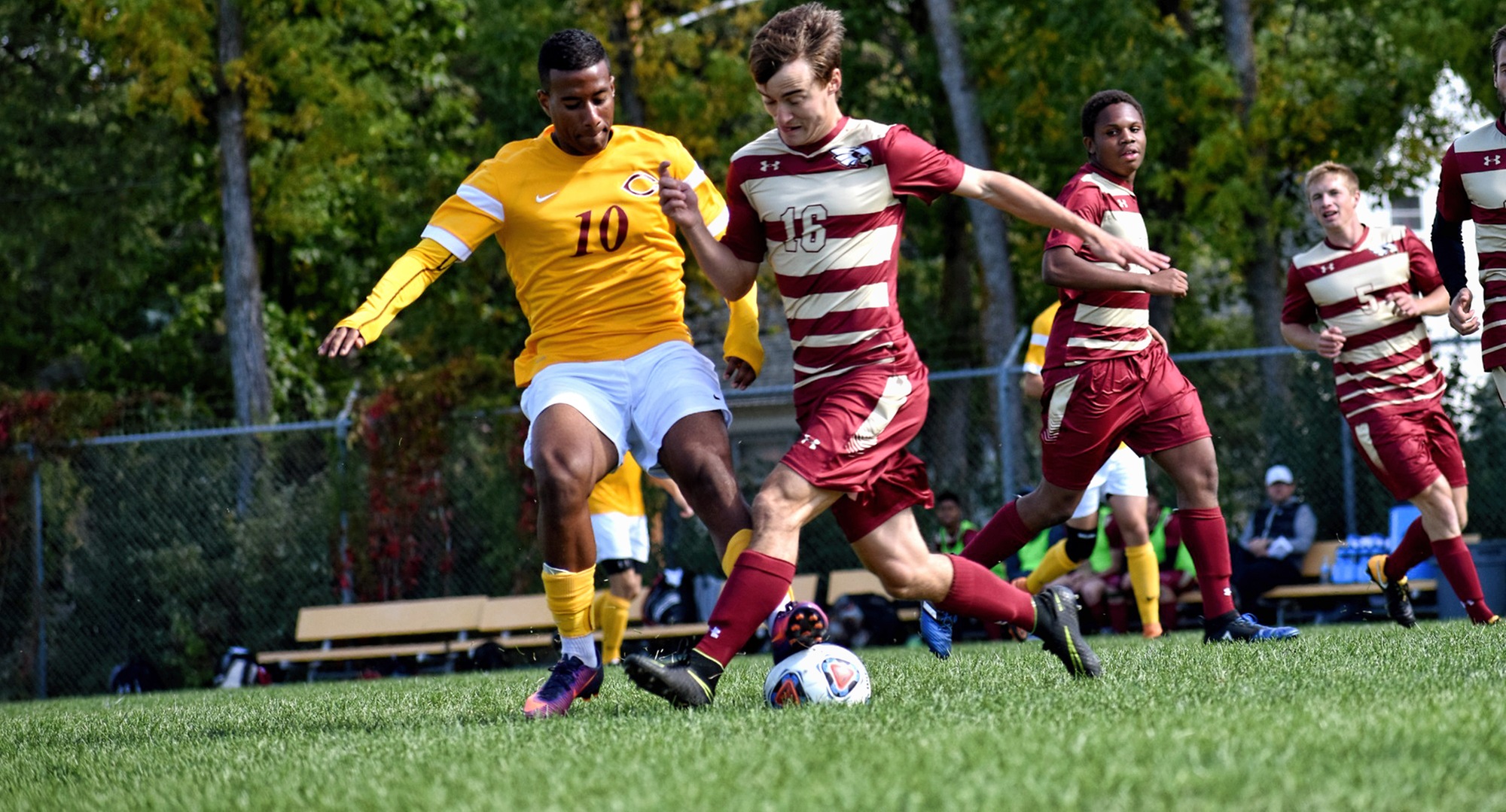 Junior Pierre Freitas-Elysee battles for the ball in the Cobbers' win over Coe. Freitas-Elysee assisted on the game-winning goal in double overtime. (Photo courtesy of Maddy Reed)