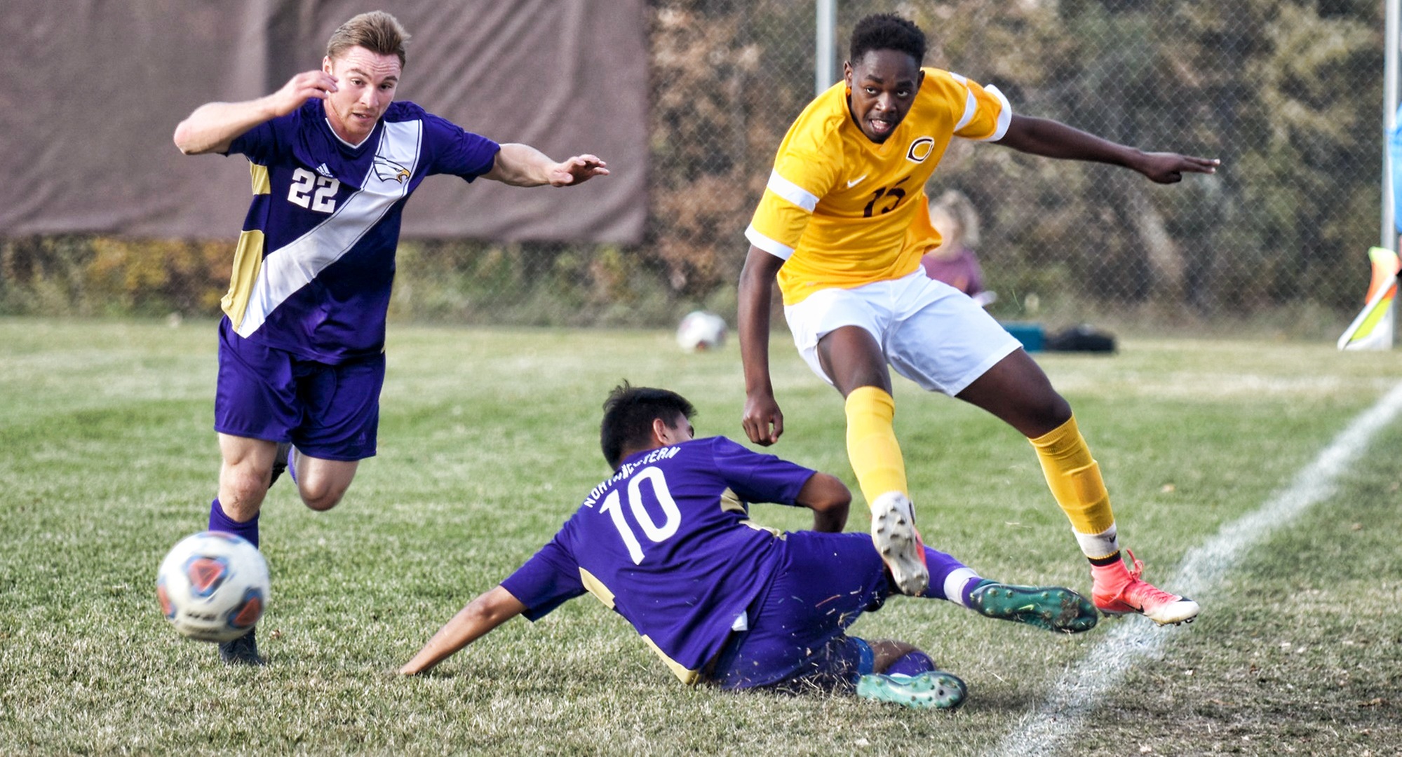 Freshman Nigaba Olivier jumps to avoid a slide tackle in the second half of the Cobbers' 4-0 win over Northwestern.