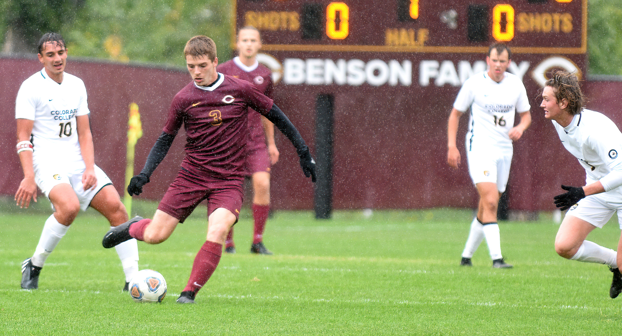 Senior Tyson Aberle looks to play the ball up the field during the first half of the Cobbers' game with Colorado College.