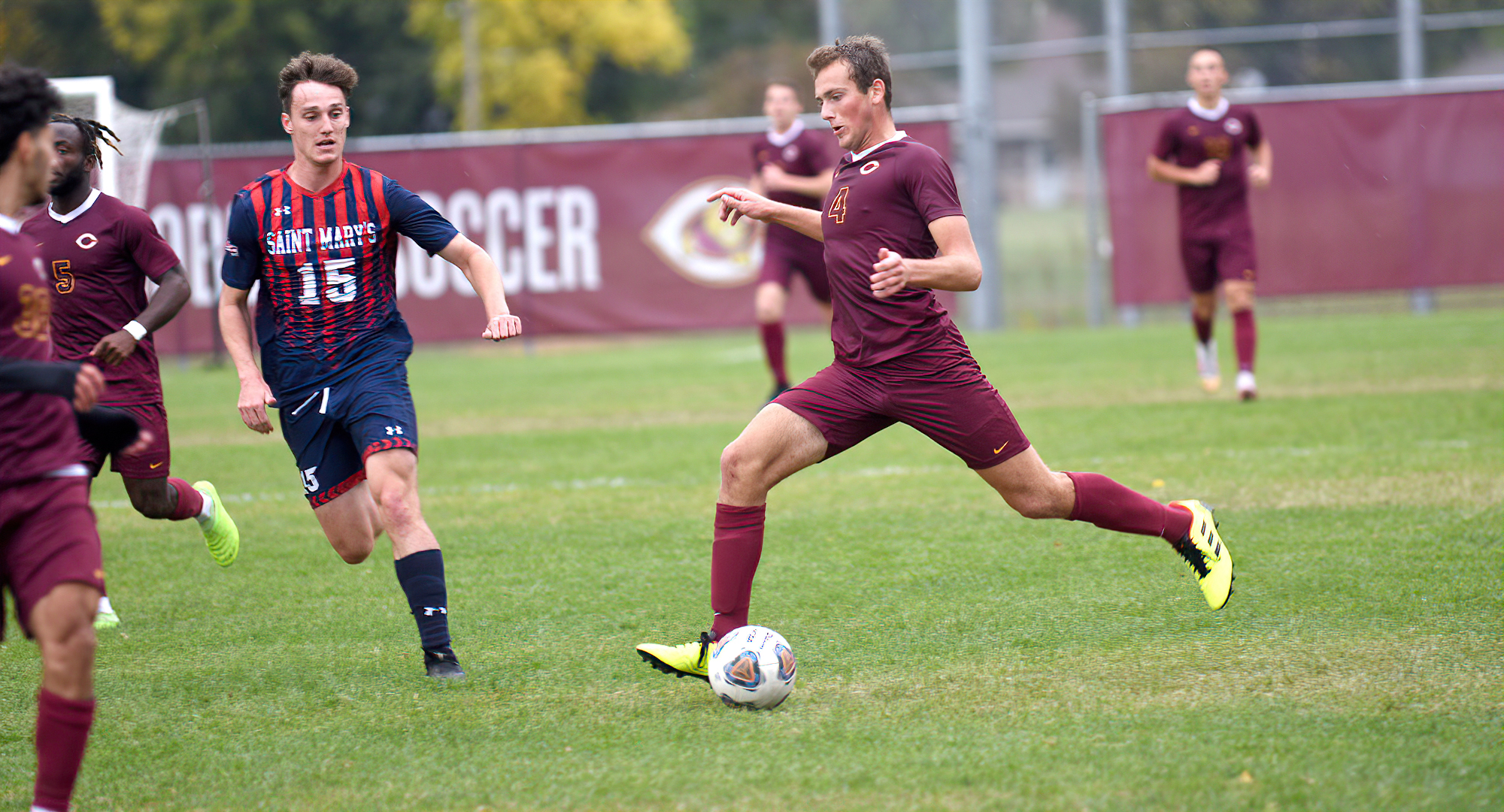 Sophomore Mason Weigel prepares to put up one of the Cobbers' 12 shots on goal in their game with St. Mary's.