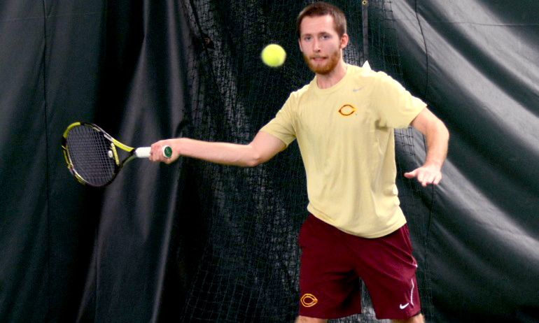 Sophomore Jesse Schneeberger was locked in the tightest singles match of the night in the Cobbers' dual against UND.
