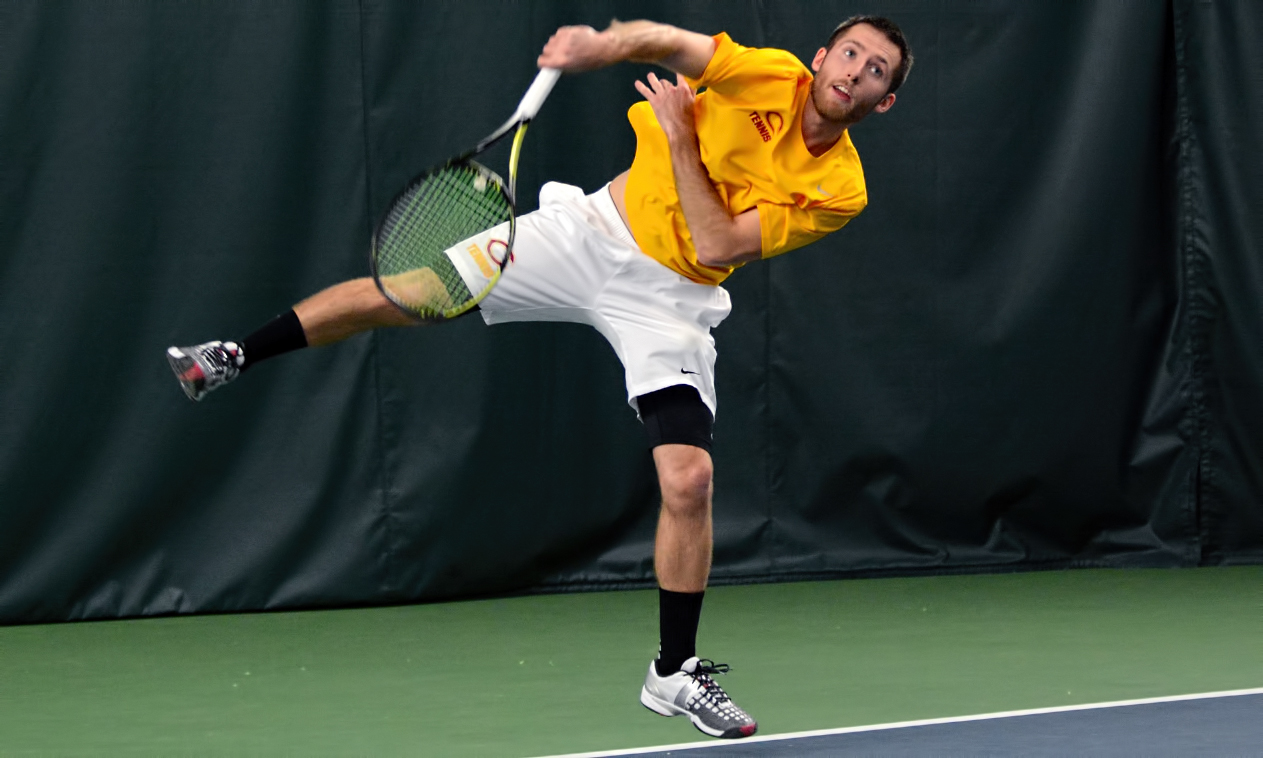 Junior Jesse Schneeberger won both his doubles and singles matces against Augustana (S.D.).