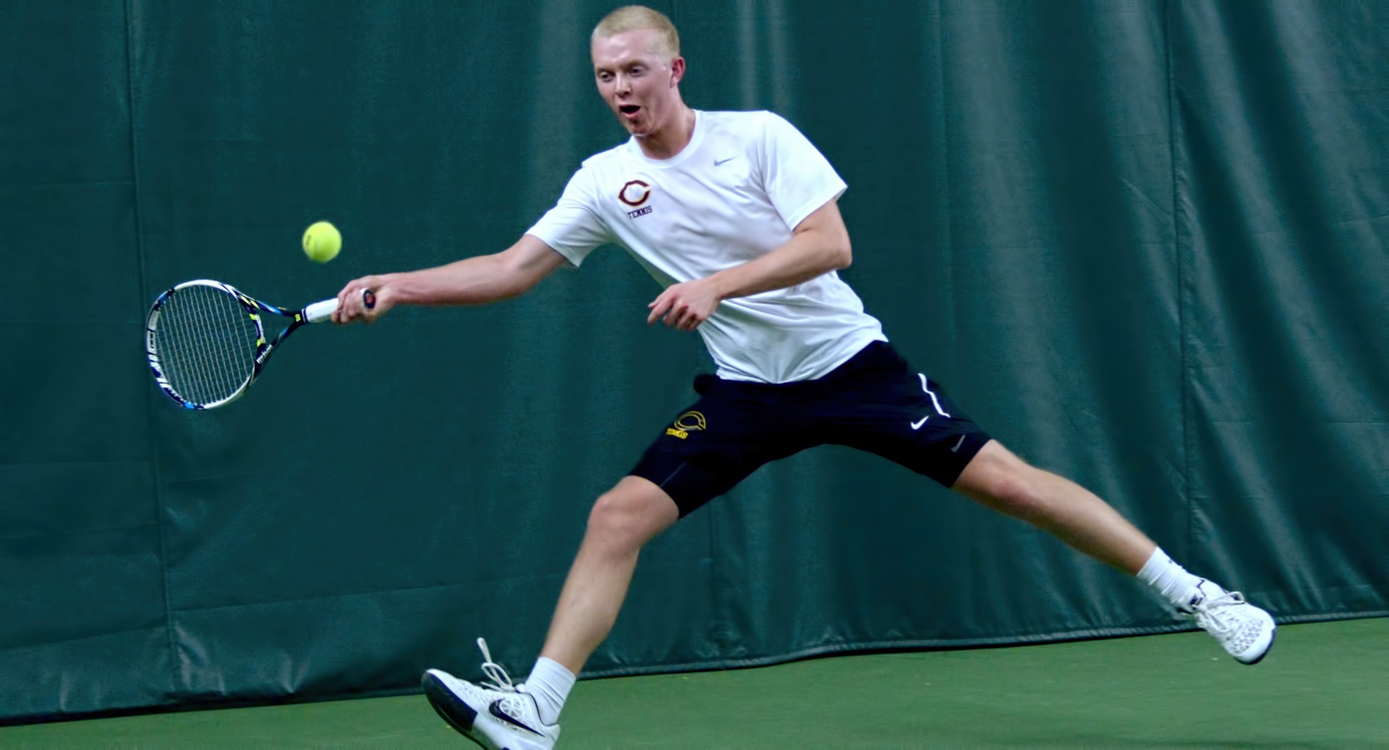 Freshman Jared Saue recorded his first collegiate singles win in the Cobbers' 9-0 win over Bethany Lutheran on Sunday.