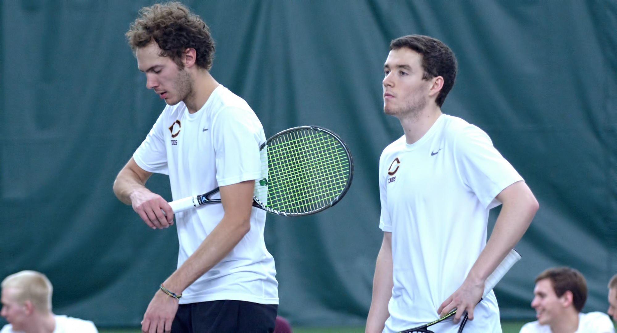The doubles team of David Schneck (L) and Erik Porter won both of their doubles matches over the weekend and helped the Cobbers beat St. Thomas for the first time since 2006.