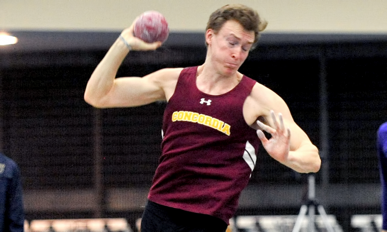 Jackson Schepp gets ready to heave the shot put during his winning performance at the MIAC heptathlon. (Photo courtesy of the Carleton Sports Information Office).