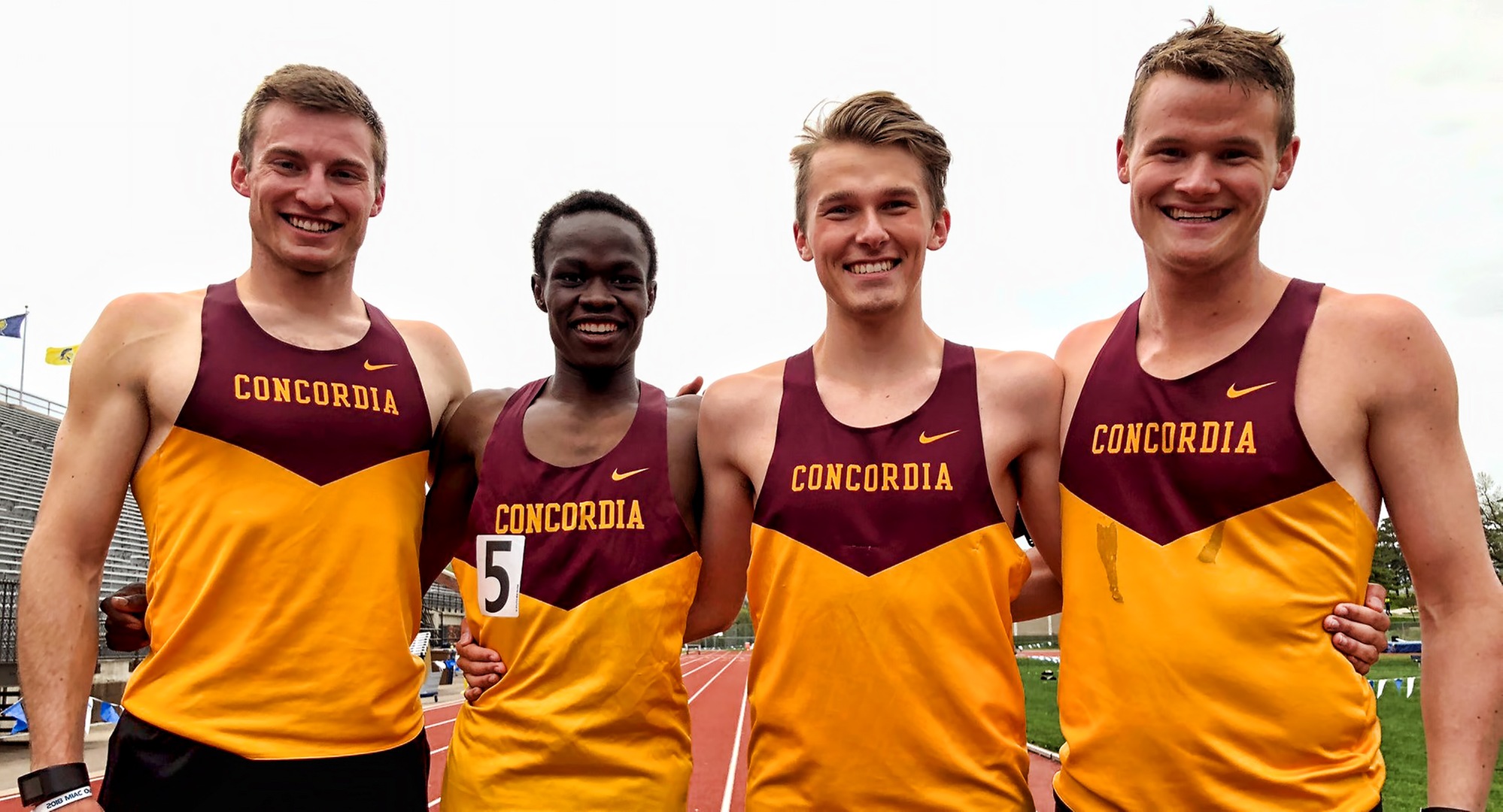 The 4x800-meter relay team of (L-R) David Supinski, Munir Isahak, Connor Haugrud & Nick Solheim posted the fourth fastest time in school history at the MIAC Meet.
