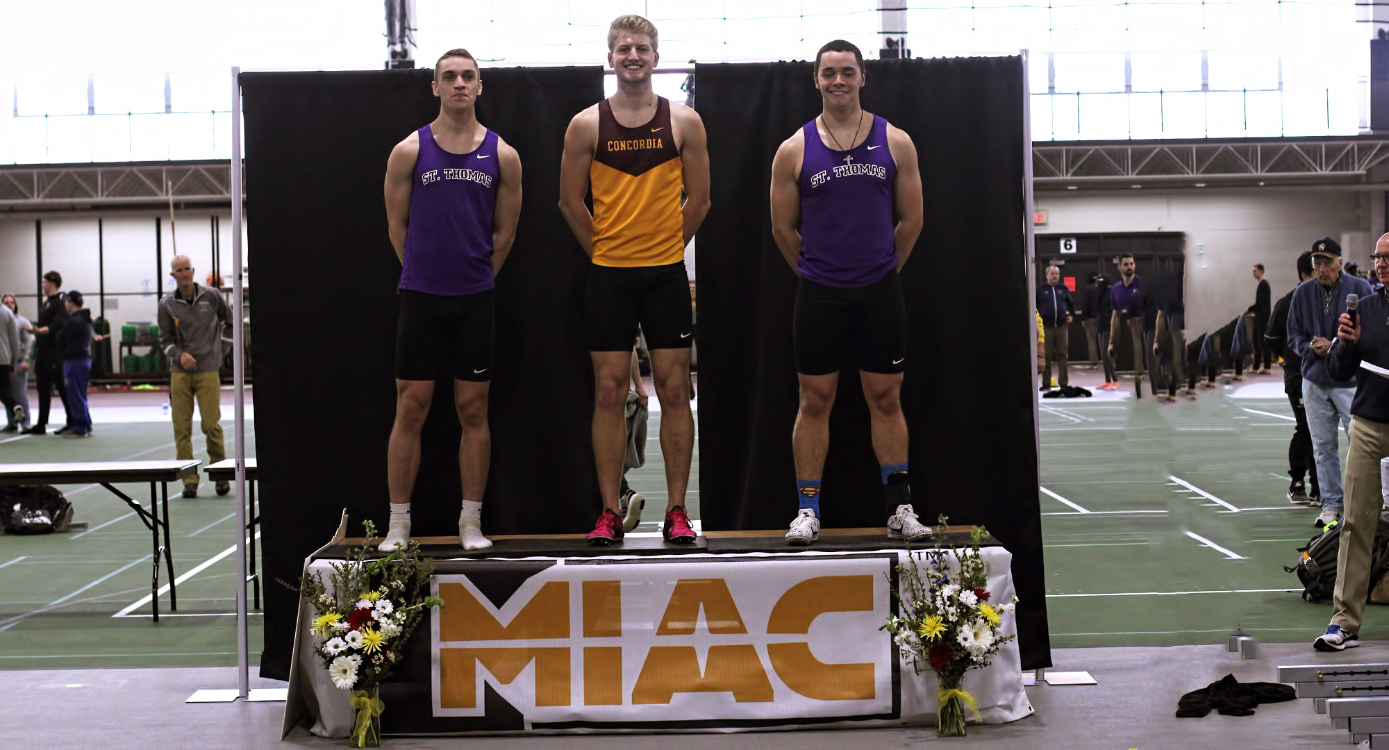Matt Bye stands atop the podium after winning the heptathlon at the MIAC Championship Meet. (Pic courtesy of the St. Olaf Sports Information Office)