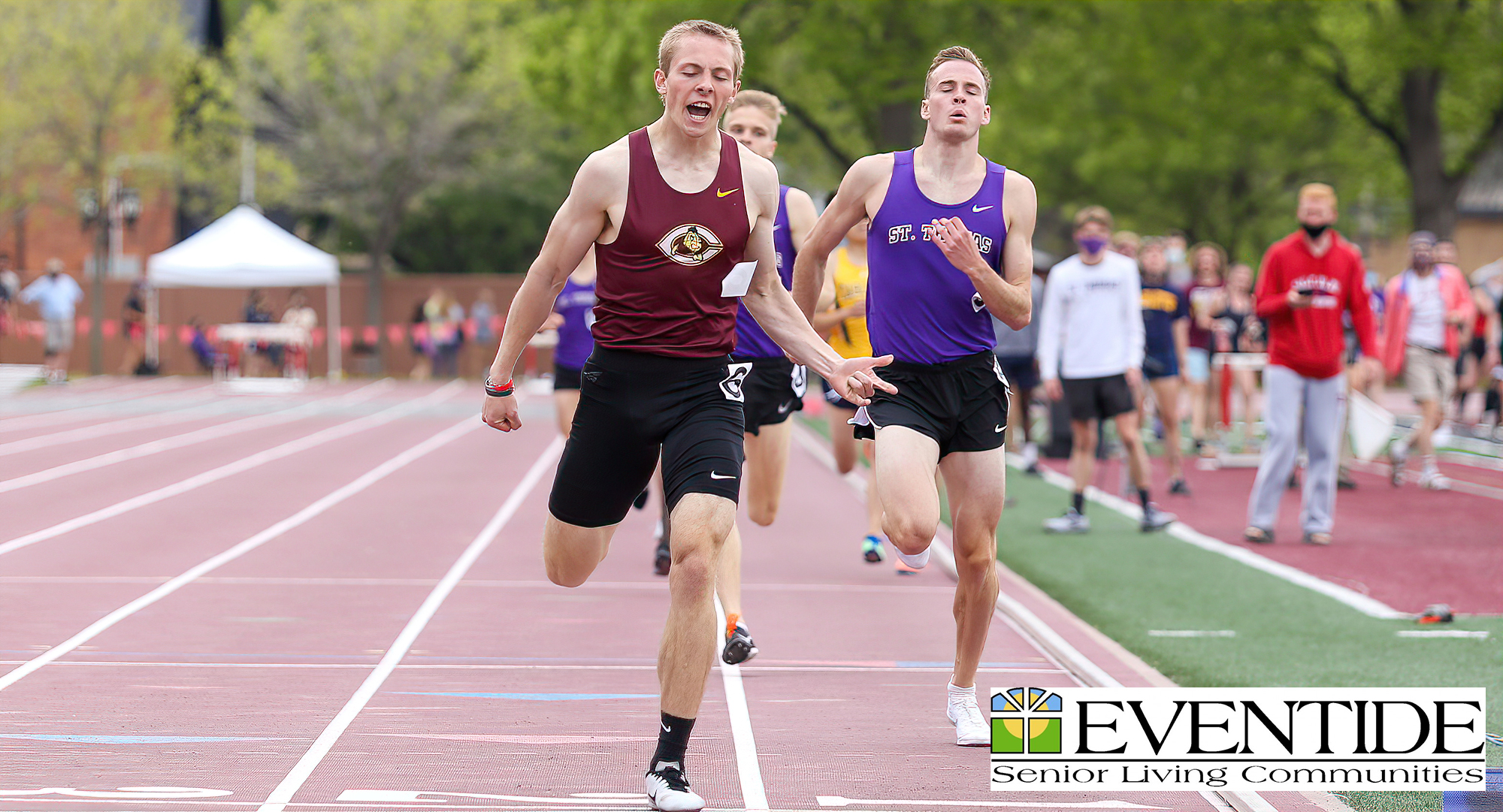 Jesse Middendorf crosses the line after winning the 800 meters at the MIAC Championship Meet on Saturday. He helped the Cobbers score 50.5 points on Day 2 and place sixth at the meet. (Photo courtesy of Nathan Lodermeier).