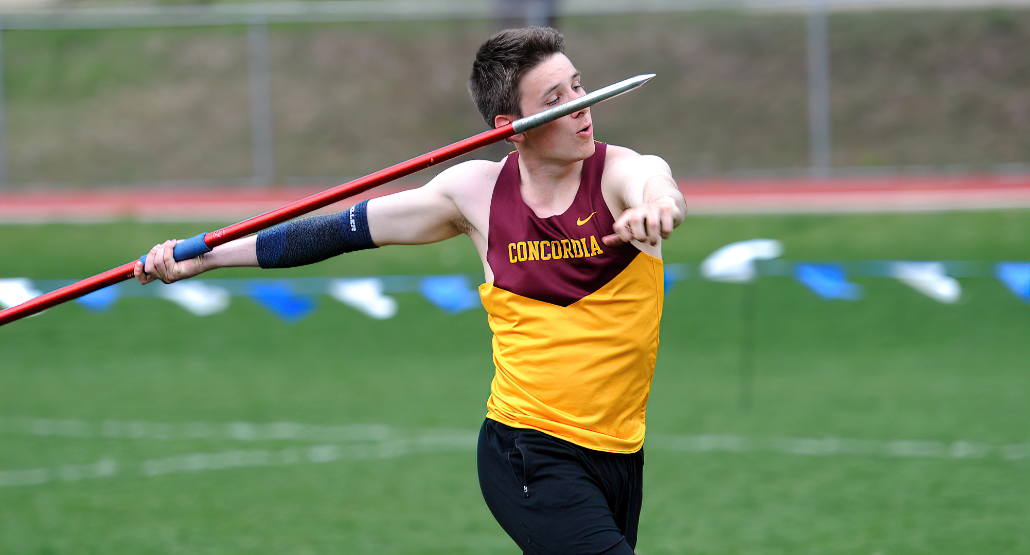 Wade Rhonemus gets ready to unleash the javelin during the second day of the MIAC decathlon. (Photo courtesy of Carleton Sports Info)