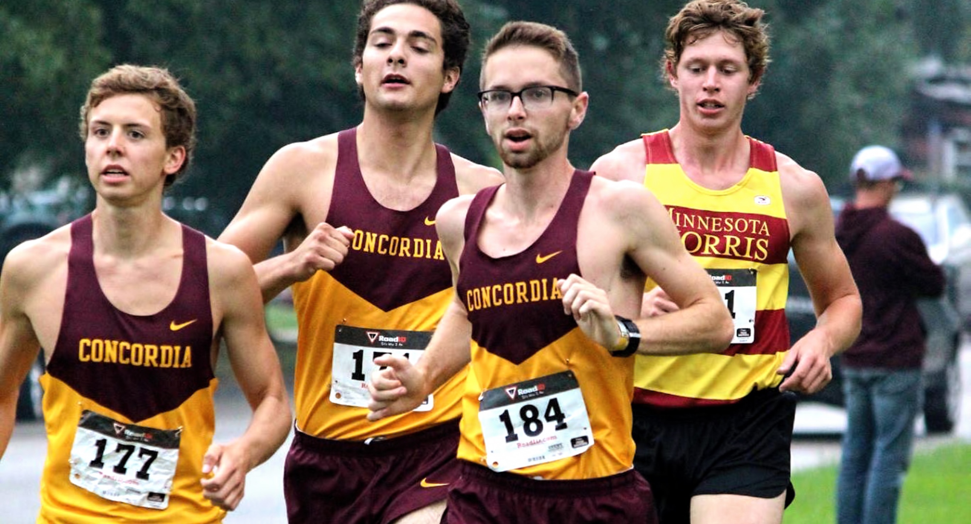 Sophomore Eric Wicklund (#184) leads a pack of four runners en route to winning the season-opening Cobber Invite. (Photo courtesy of Melony Wicklund)