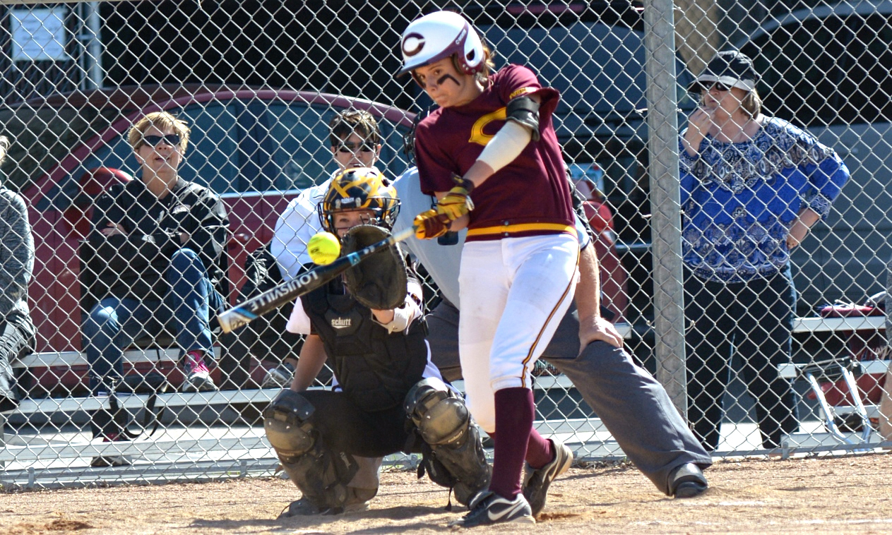 Sophomore Mackenzie McCloud connects on one of her two doubles in Game 2 of the Cobbers' DH with Gustavus.