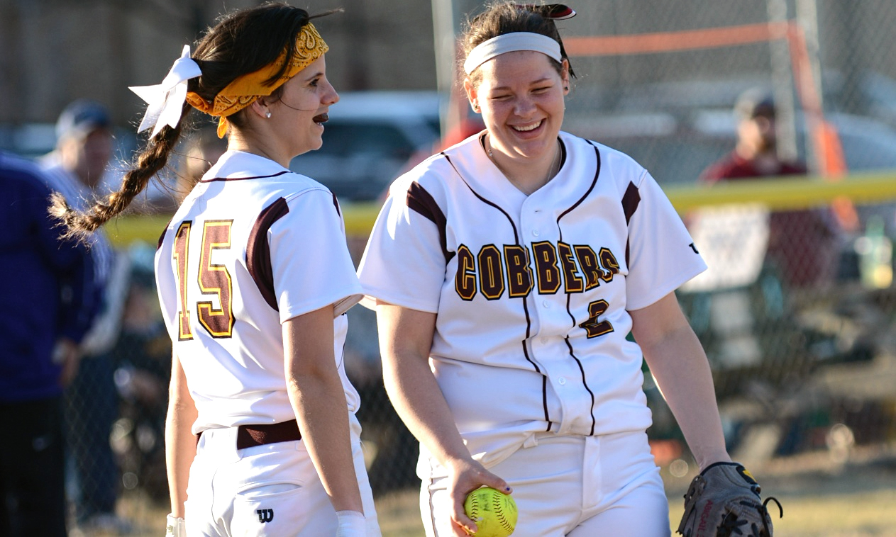 Junior pitcher Abby Haraldson (R) picked up her seventh win of the season in the first game against Crown. She currently leads the MIAC in strikeouts with 85,