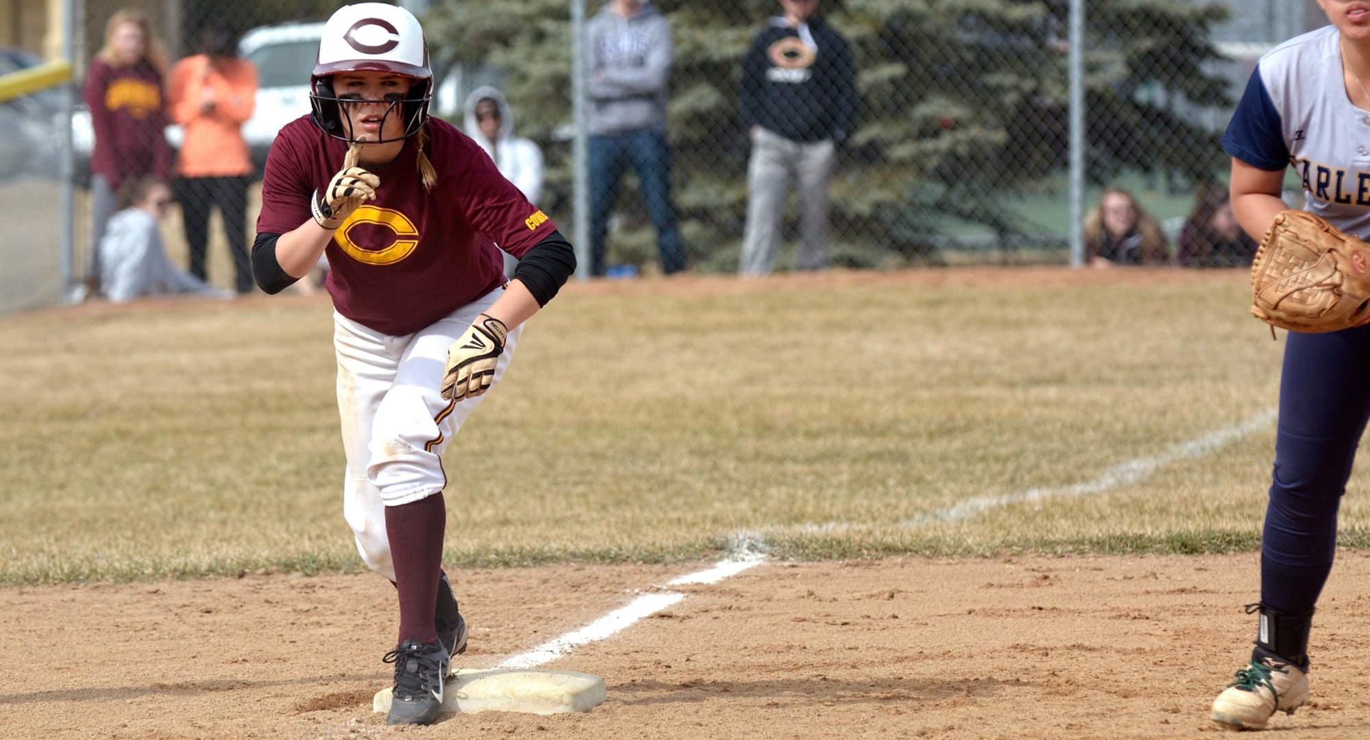 Cora Zackrison gets ready to take a lead off third base during the Cobbers doubleheader with Carleton.