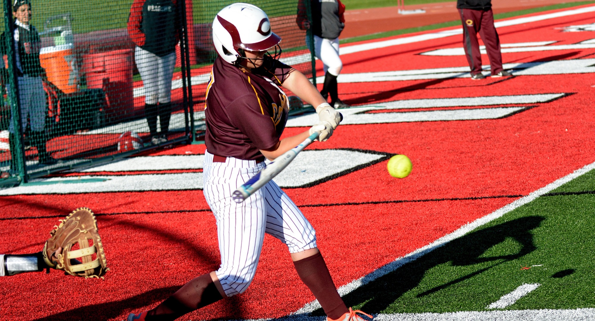 Sophomore Nicole Johannes connects on a pitch in the Cobbers' DH at MSU Moorhead. Johannes had her first home run of the season in the first game.