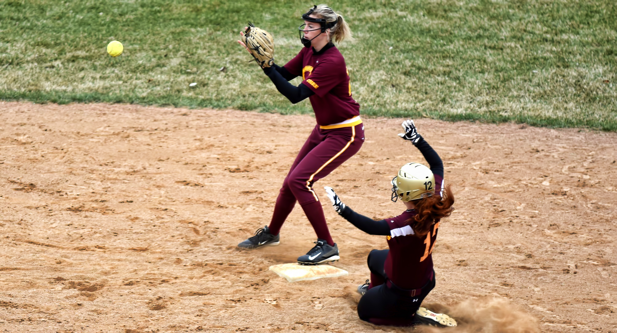 Freshman Megan Gavin gets ready to make the force out at send base during the Cobbers' sweep over UM-Morris. She earned the win in the first game and also added to her team-leading home run total.