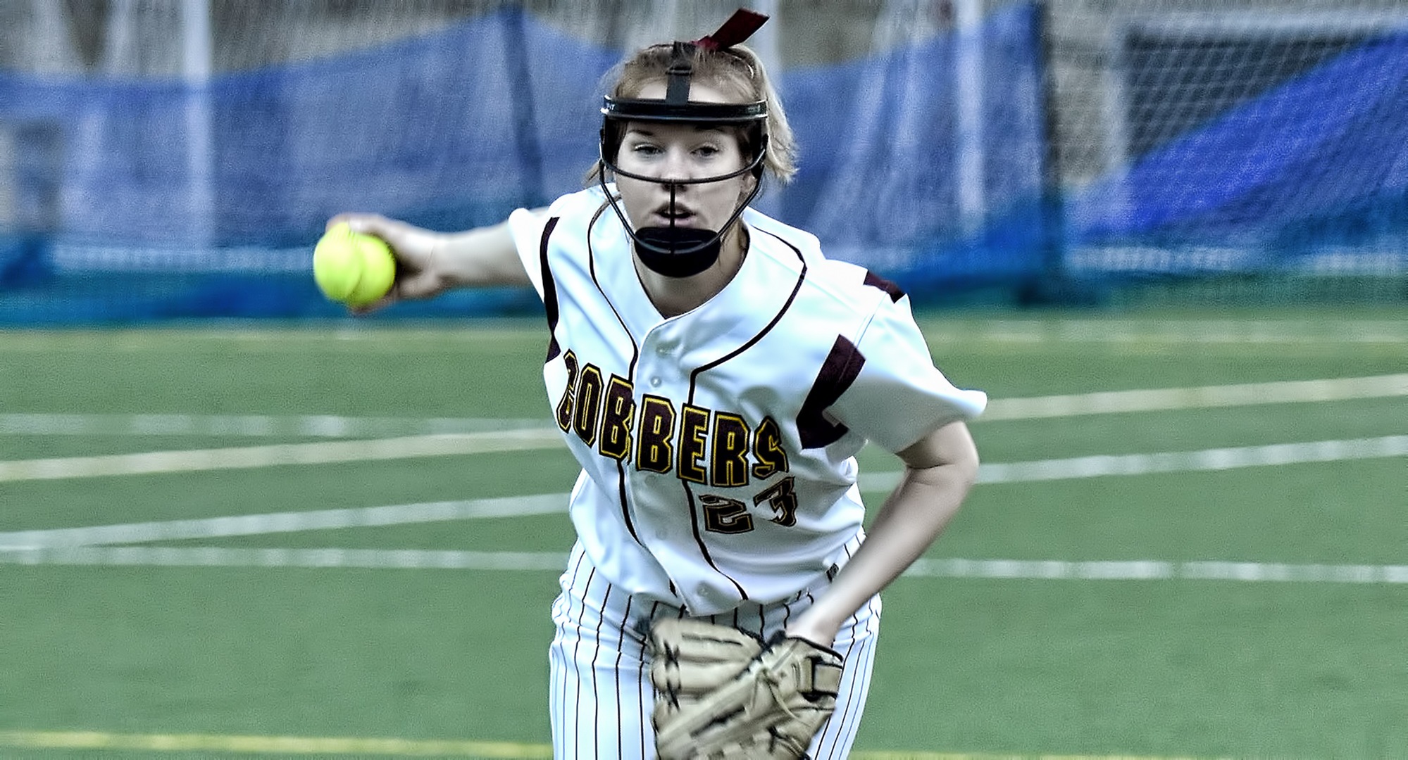 Sophomore pitcher Megan Gavin gets ready to deliver a pitch during the Cobbers' 2-1 win over Finlandia. She struck out 10 and earned her seventh win of the season.