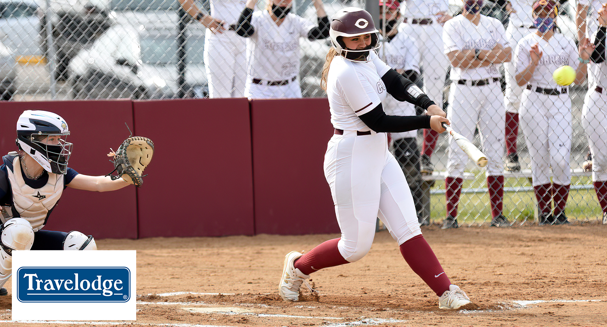 Junior Val Kolstad connects on a pitch and sends it over the fence for her fourth home run of the season in the Cobbers' first game against Carleton.