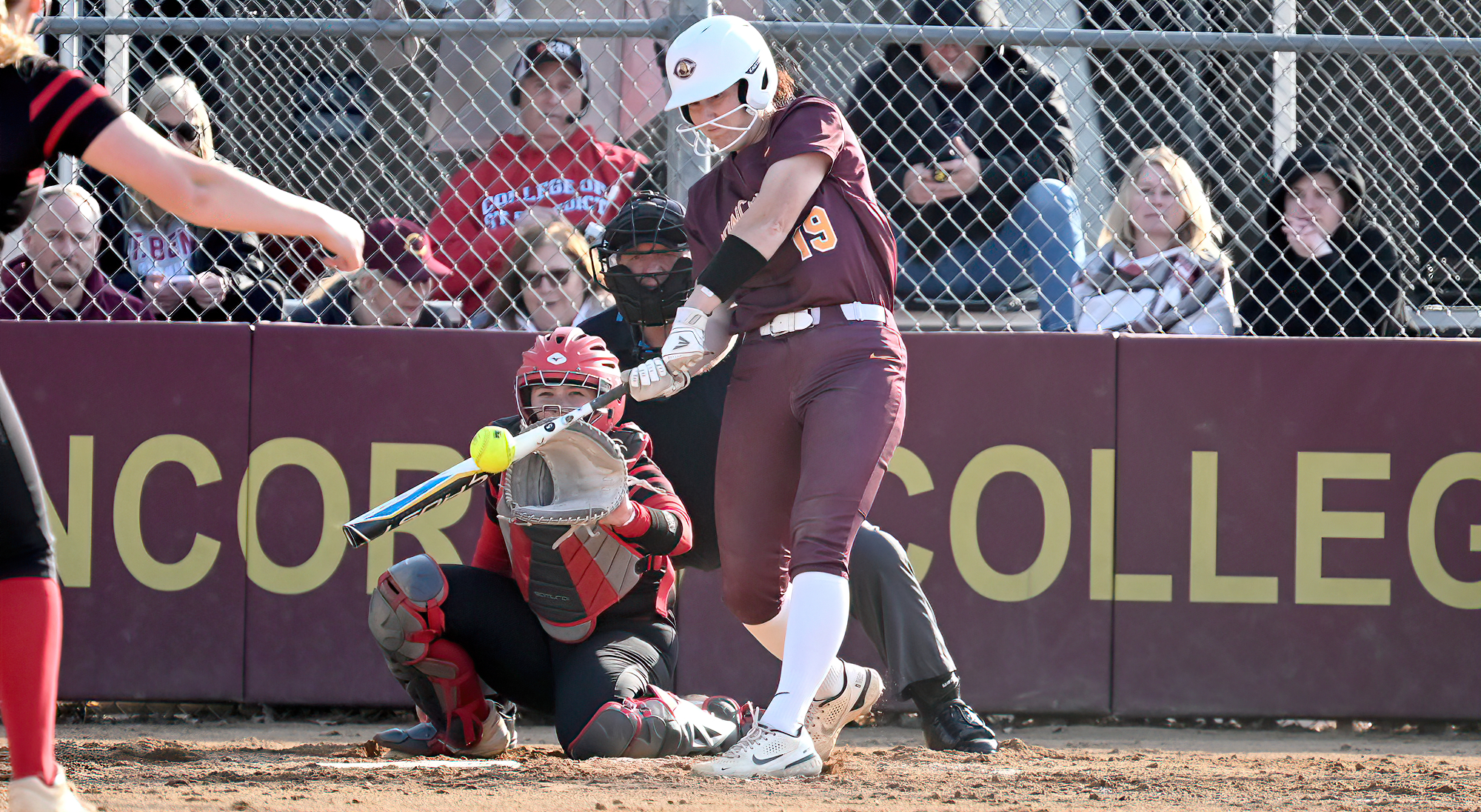 Danielle Lyon connects on a single in Game 2 of the Cobbers' home opener against St. Benedict. She went 2-for-3 in the contest.