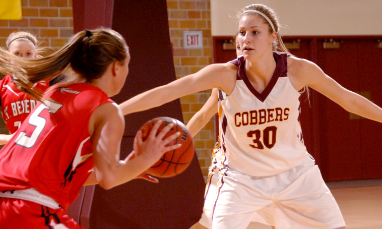Senior Erin Januschka recorded her first double-double in Concordia's MIAC-opening win at St. Benedict.