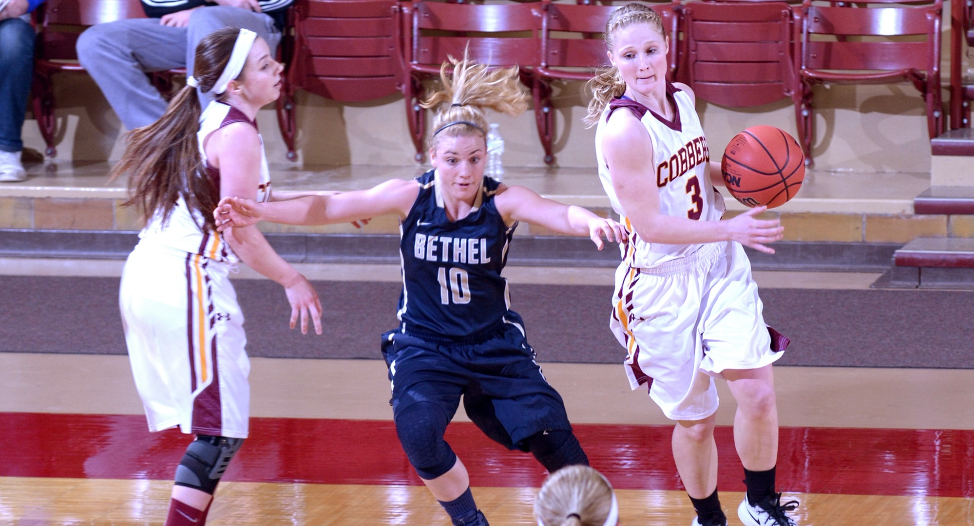 Senior Greta Walsh (#3) scored a team-high 16 points at Bethel while junior Cassidy Rahman (L) was perfect from the floor and finished with seven points.