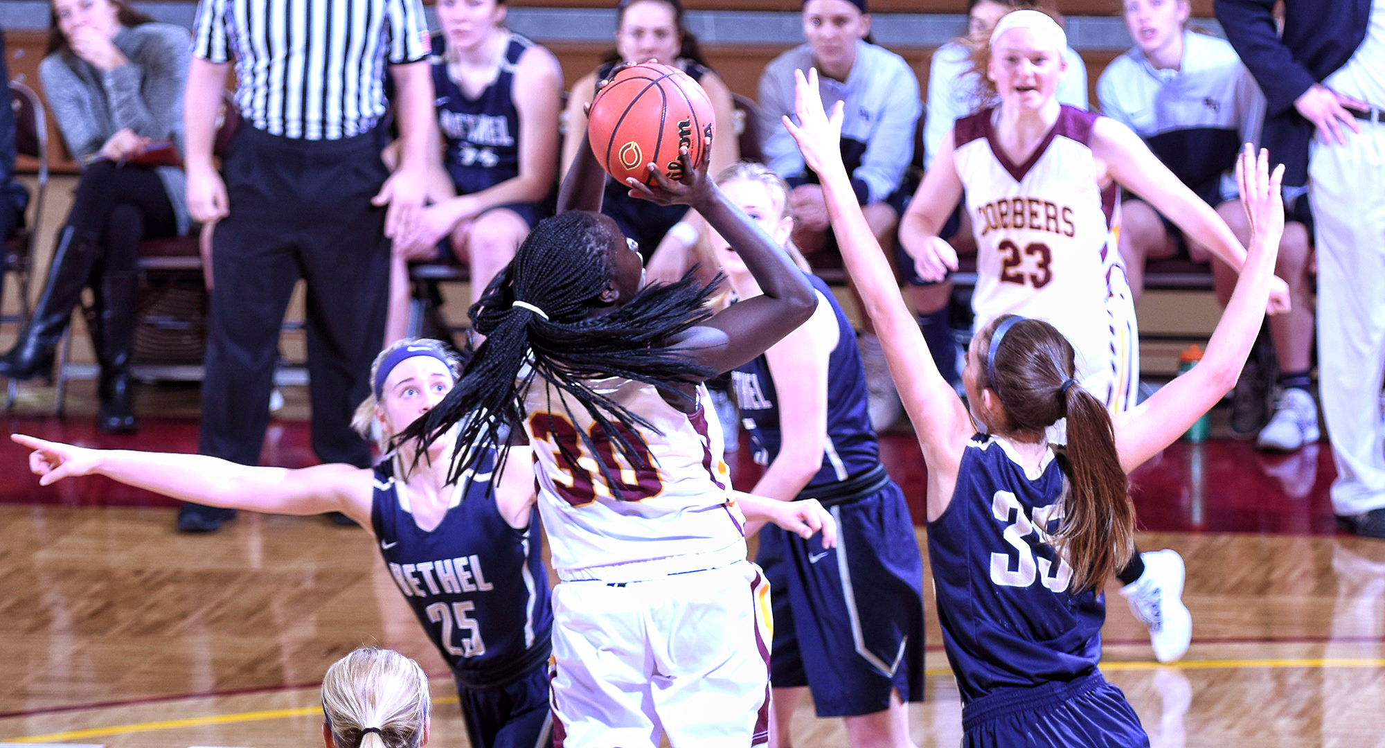 Freshman Mary Sem goes up for a shot during the Cobbers' game with Bethel.