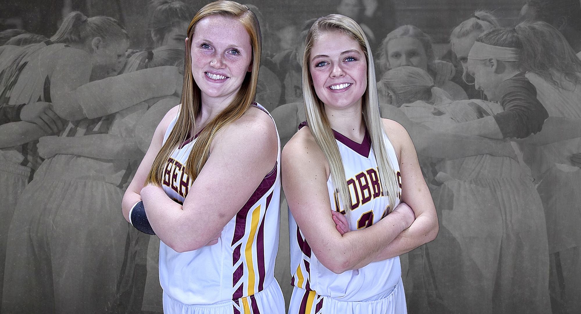 Seniors Kirstin Simmons (L) and Grace Wolhowe were honored before the Cobbers' season finale against Gustavus.