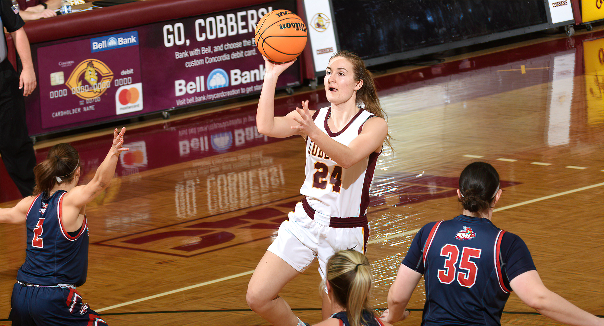 Junior Jordyn Kahler drives the lane and connects on a jumper in the first half of the Cobbers' win over St. Mary's. She finished with 17 points.