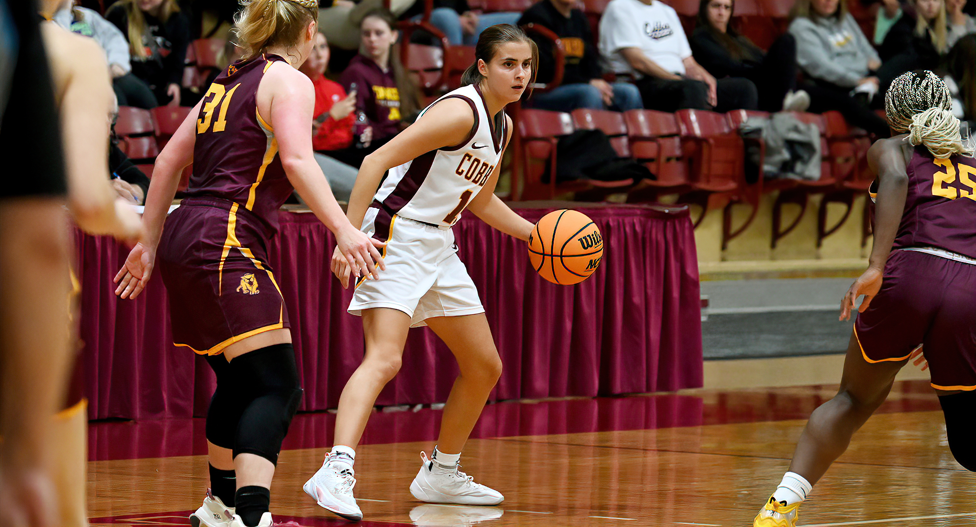Junior Carlee Sieben eyes the court during the Cobbers' season opener with Minn.-Morris. She finished with a game-high 22 points.