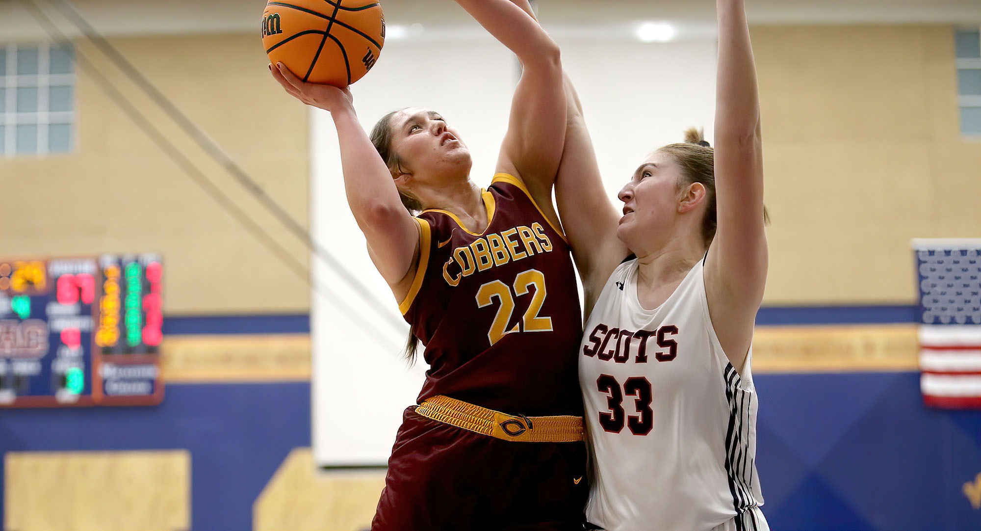 Makayla Anderson goes up for two of her 14 points in the Cobbers' win over Macalester. (Photo courtesy of Ryan Coleman, D3photography)