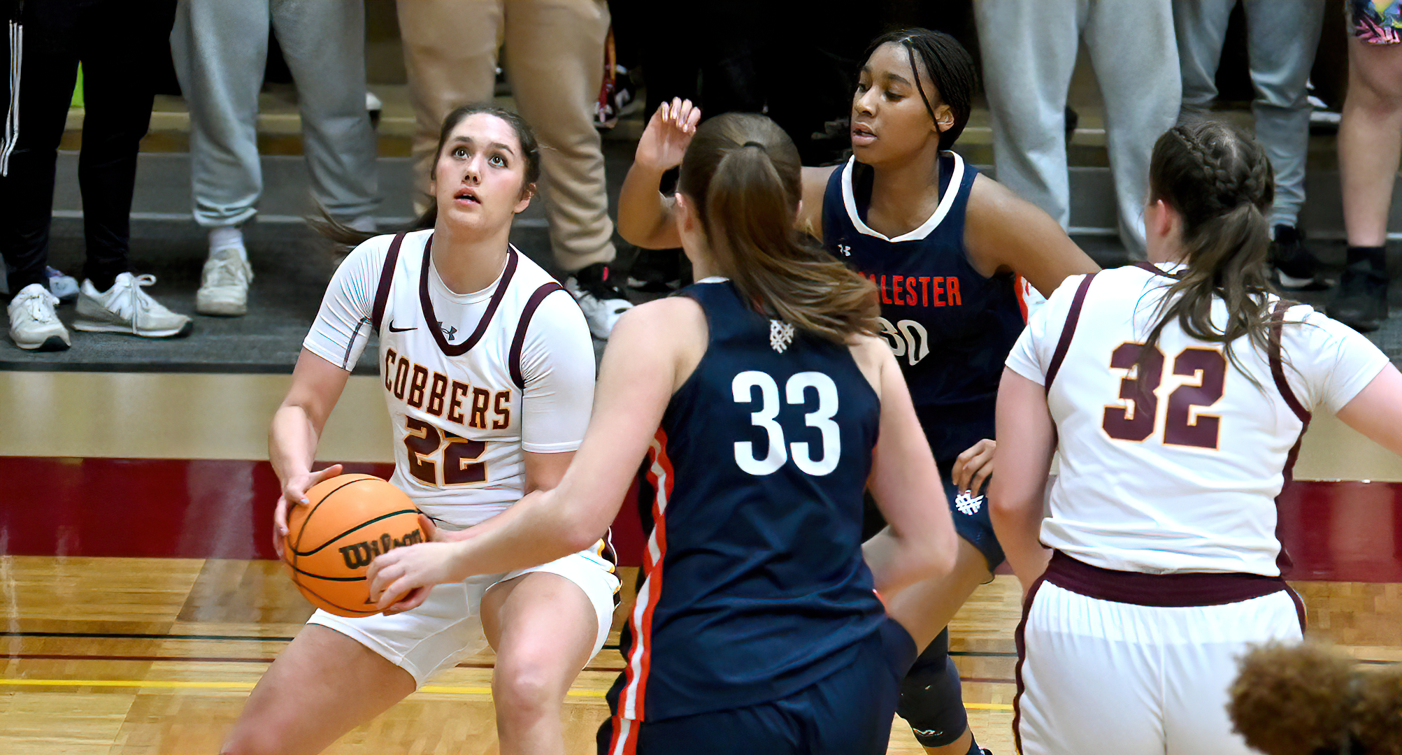Makayla Anderson prepares to go up for two of her game-high 18 points in the Cobbers' win over Macalester.